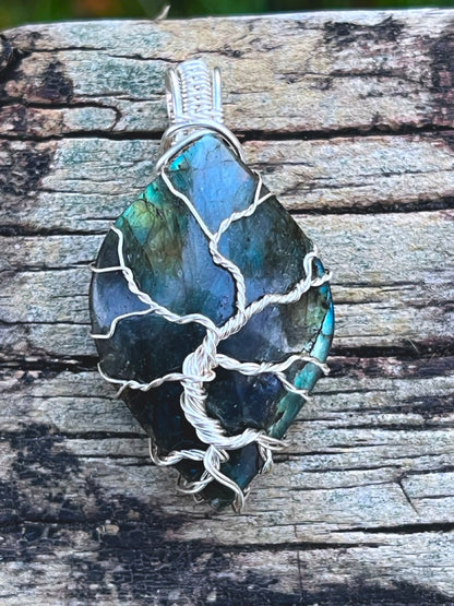 Tree of Life Silver Wrapped Labradorite Amulet