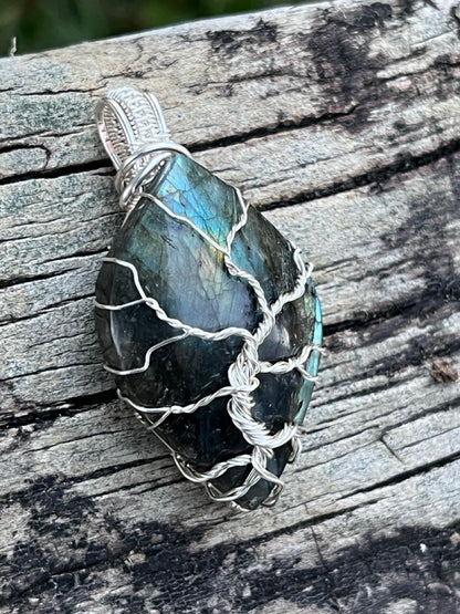 Tree of Life Silver Wrapped Labradorite Amulet