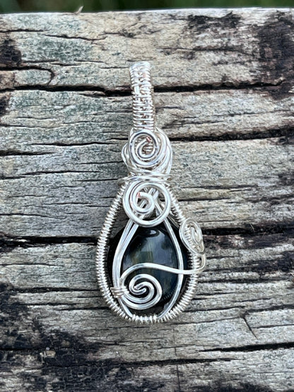 Blue Tiger's Eye Stone Silver Wire Wrapped Necklace Pendant