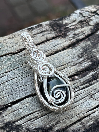 Blue Tiger's Eye Stone Silver Wire Wrapped Necklace Pendant