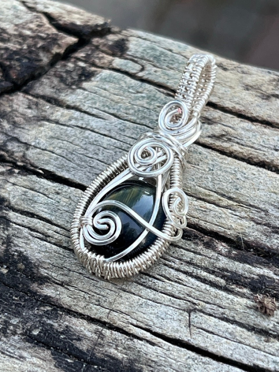 Blue Tiger's Eye Stone Silver Wire Wrapped Necklace Pendant